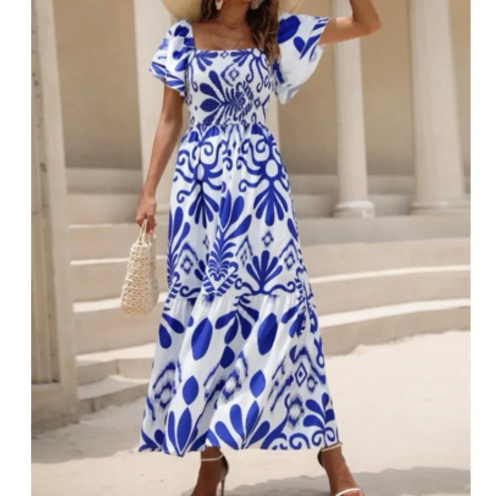 Boho  floral print shirred maxi dress_3